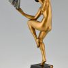 Art Deco bronzen sculptuur dansend naakt met waaier. 