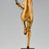 Art Deco bronzen sculptuur dansend naakt met waaier. 