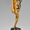 Art Deco bronzen sculptuur dansend naakt met waaier. 