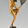 Art Deco bronzen sculptuur dansend naakt met waaier. 