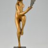 Art Deco Sculpture en bronze danseuse nue à l’éventail 