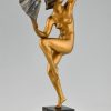 Art Deco bronzen sculptuur dansend naakt met waaier. 