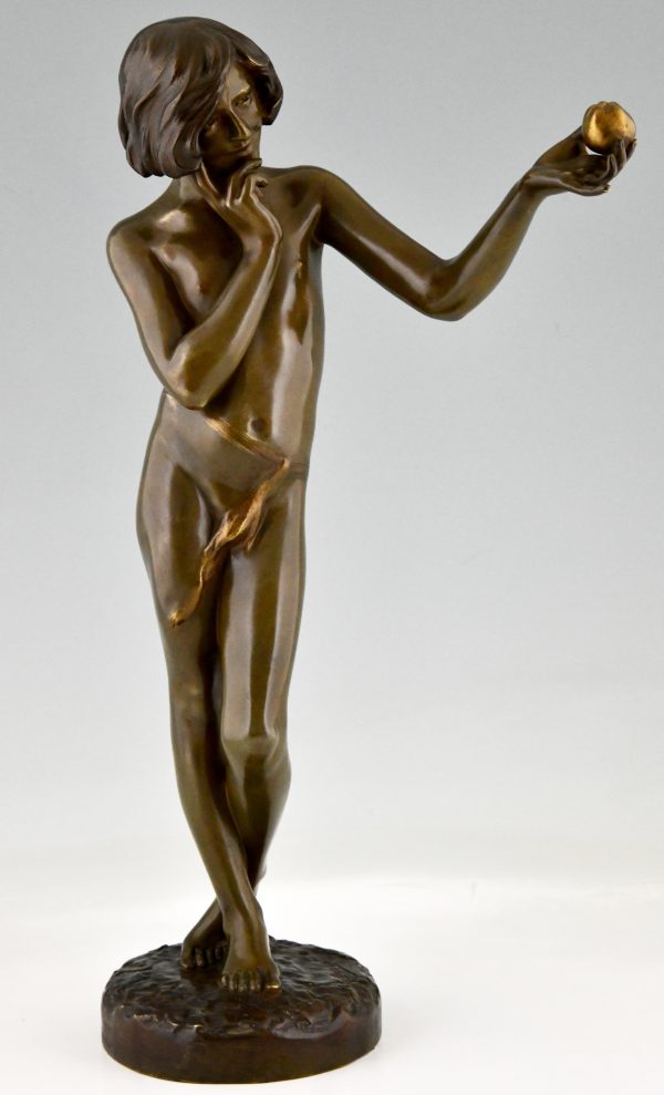 Art Nouveau bronze sculpture teenage boy with apple.