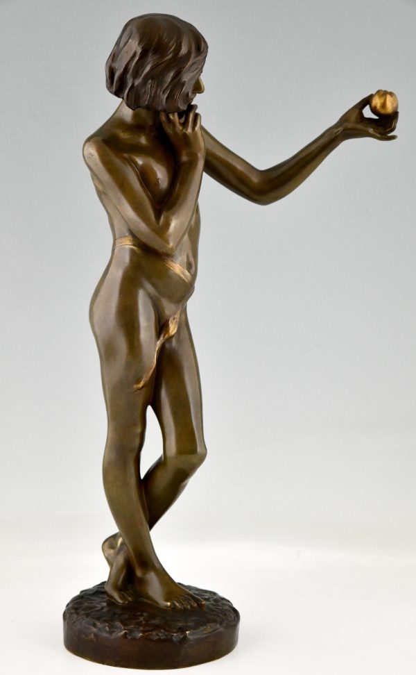 Art Nouveau bronze sculpture teenage boy with apple.