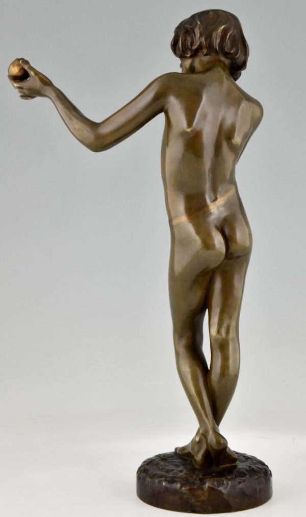 Art Nouveau bronze sculpture teenage boy with apple.