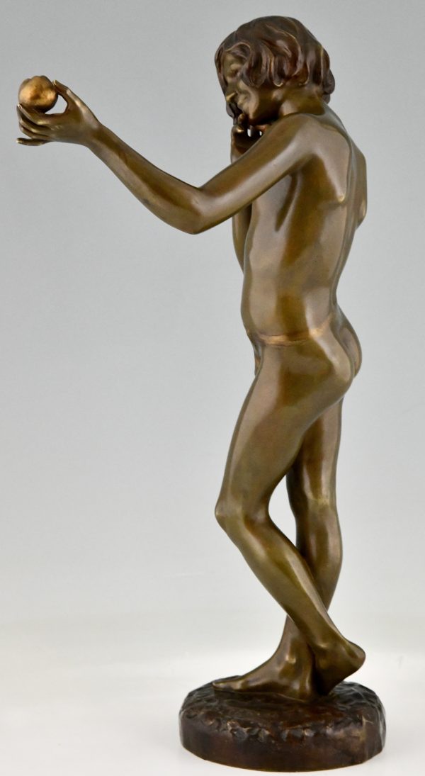 Art Nouveau bronze sculpture teenage boy with apple.