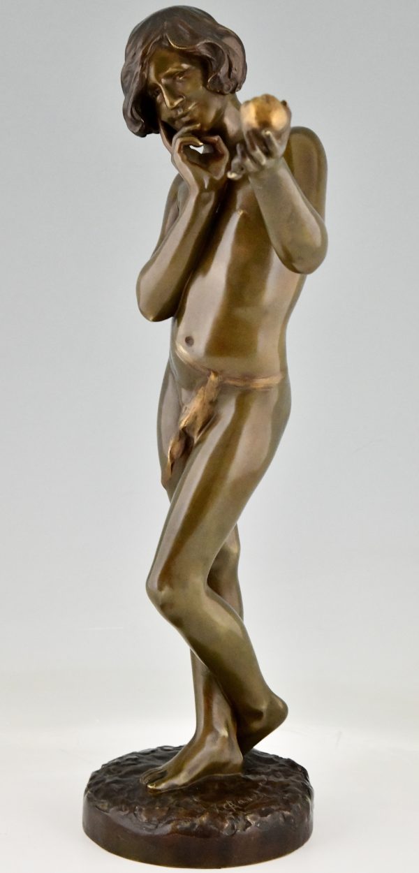 Art Nouveau bronze sculpture teenage boy with apple.