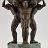 Art Deco milieu de table sculptural en bronze aux trois hommes