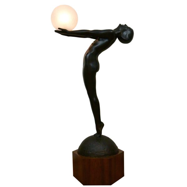 Clarté LEBENSGRÖSSE Art Deco Lampe Bronze Frauenakt mit Kugel.