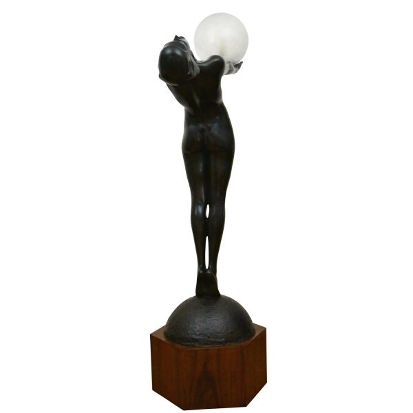 Clarté LEBENSGRÖSSE Art Deco Lampe Bronze Frauenakt mit Kugel.