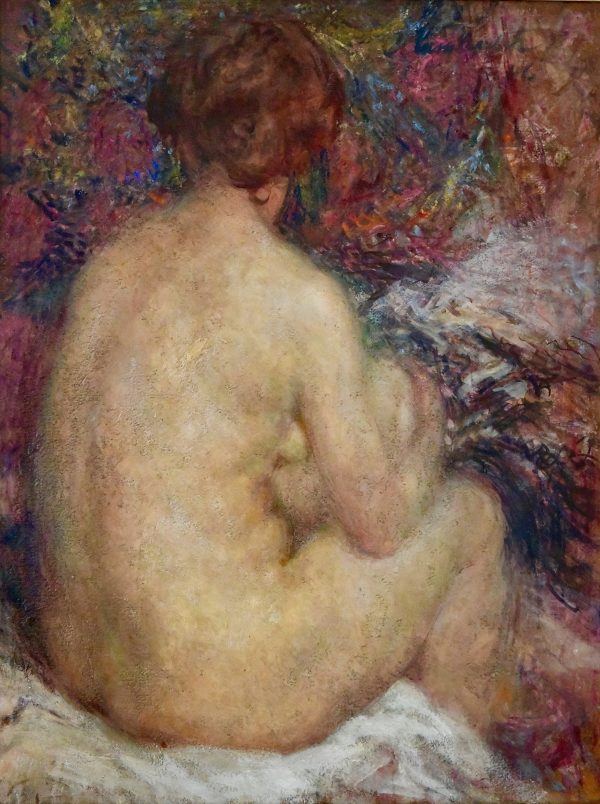 Impressionistisch schilderij van een zittend naakt
