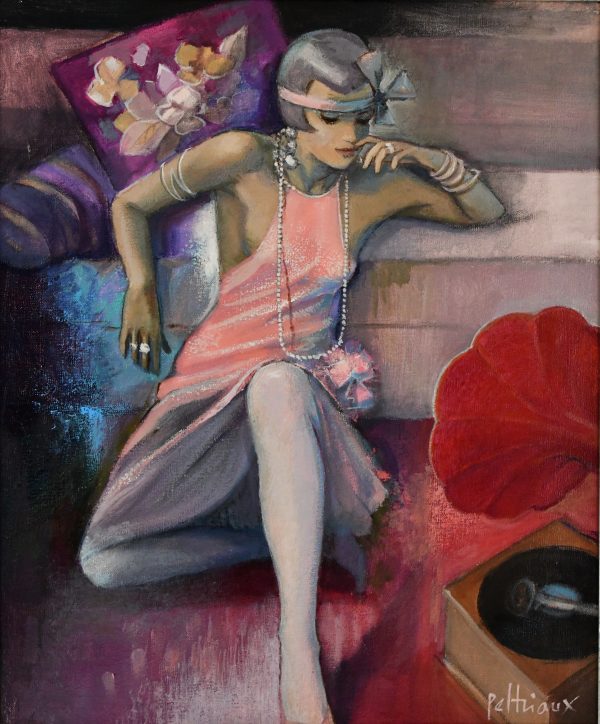 Art Deco stijl schilderij dame in een roze jurk