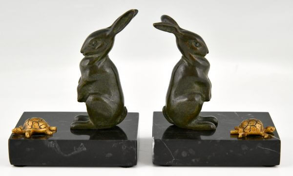 Art Deco hare and tortoise bronze bookends.