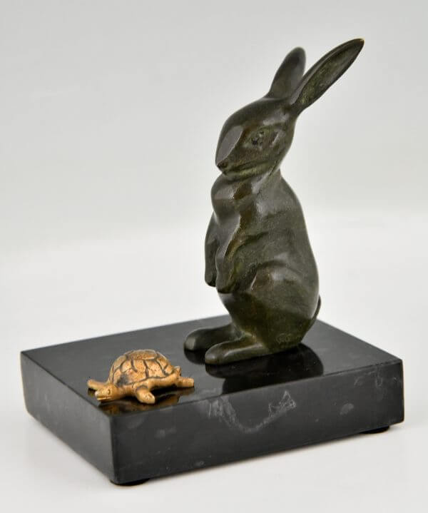 Art Déco Buchstützen Bronze der Hase und die Schildkröte