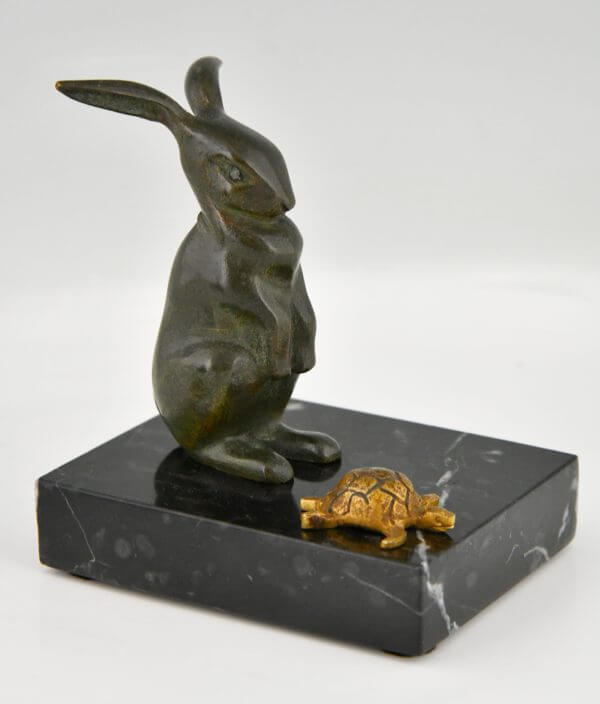 Art Deco bronzen boekensteunen haas en schildpad