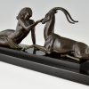 Art Deco Skulptur Frauenakt mit Gazelle Seduction