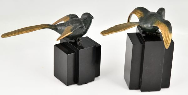 Art Deco bronze bird bookends wagtails