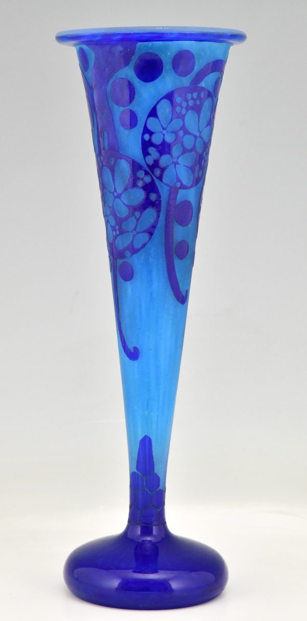 Art Déco Vase en verre caméo bleu Azurette