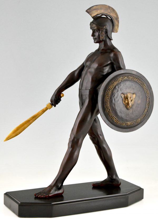 Art Deco sculpture Gladiator with helmet, sword and shield