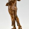 Art Deco bronzen sculptuur rokende vrouw in pyjama.