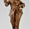 Art Deco bronze sculpture smoking woman in pyjama.