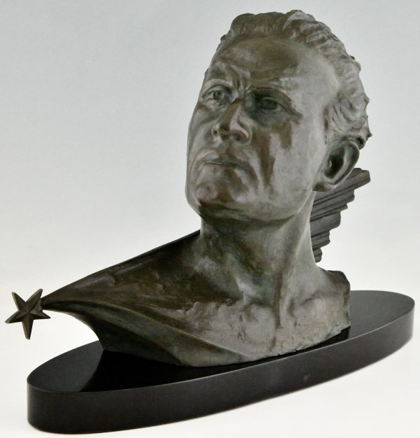 Art Deco bronze sculpture male bust of aviator Jean Mermoz