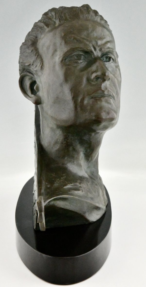 Art Deco bronze sculpture male bust of aviator Jean Mermoz