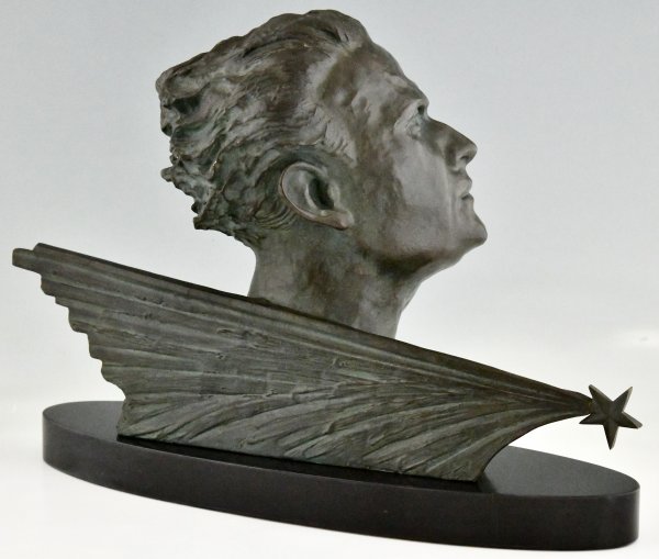 Art Deco bronze sculpture male bust of aviator Jean Mermoz