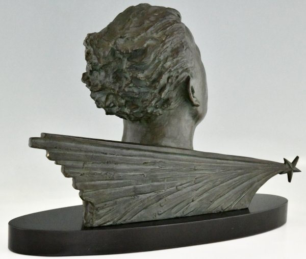 Art Deco bronze sculpture male bust of aviator Jean Mermoz