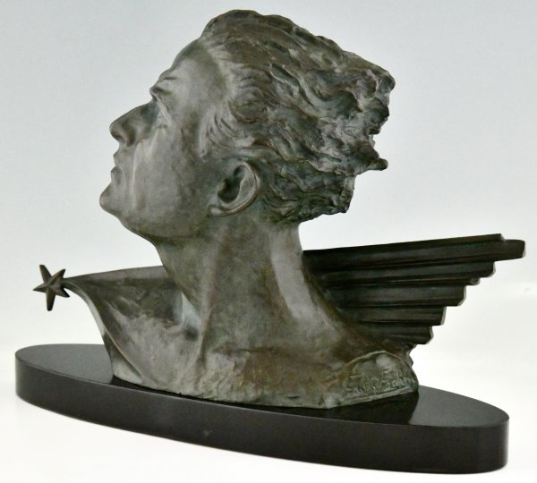 Art Deco bronze sculpture male bust of aviator Jean Mermoz