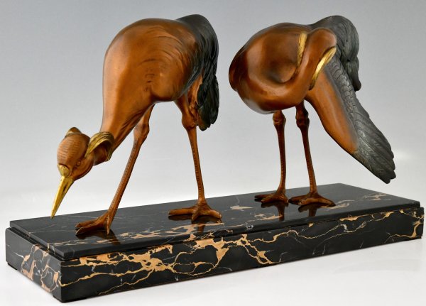 Art Deco bronzen sculptuur van twee kraanvogels