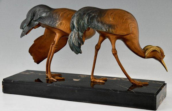 Art Deco bronzen sculptuur van twee kraanvogels