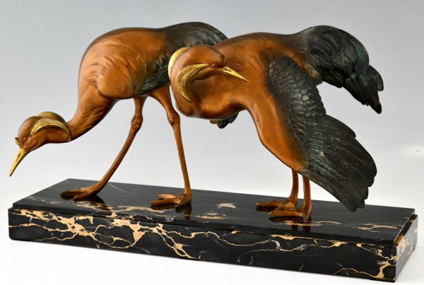 Art Deco bronzen sculptuur van twee kraanvogels