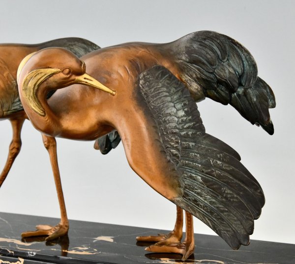 Art Deco bronzen sculptuur van twee kraanvogels