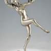 Art Deco bronze sculpture of dancing nude with birds.