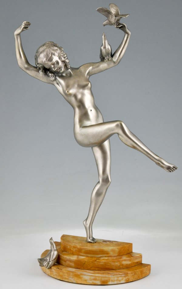 Art Deco bronze sculpture of dancing nude with birds.