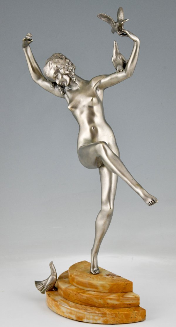 Art Deco bronze sculpture of dancing nude with birds.