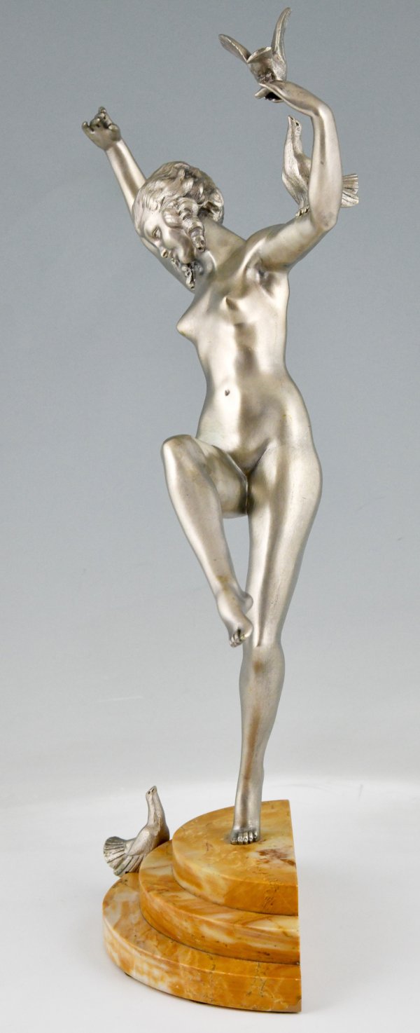 Art Deco bronze sculpture of dancing nude with birds.