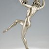 Art Deco bronze sculpture of dancing nude with birds.