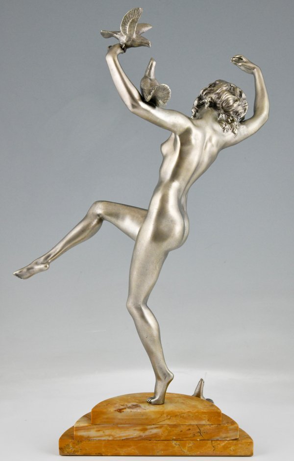 Art Deco bronze sculpture of dancing nude with birds.