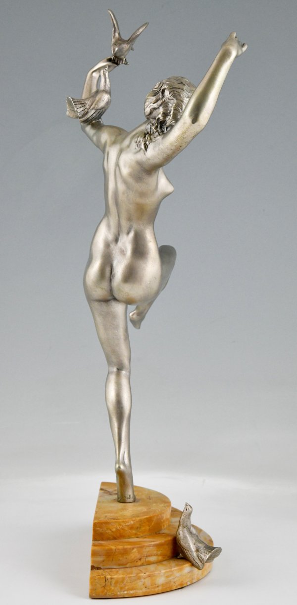 Art Deco bronze sculpture of dancing nude with birds.