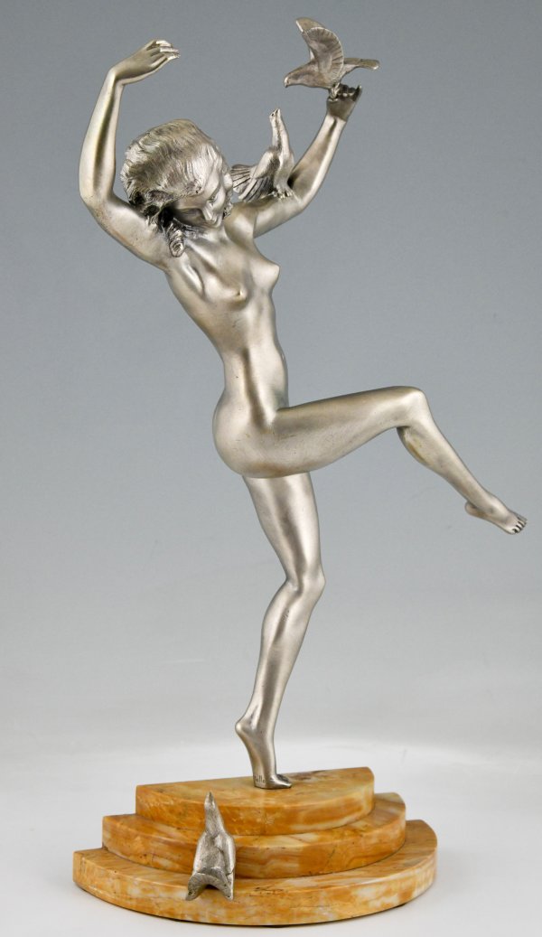 Art Deco bronze sculpture of dancing nude with birds.