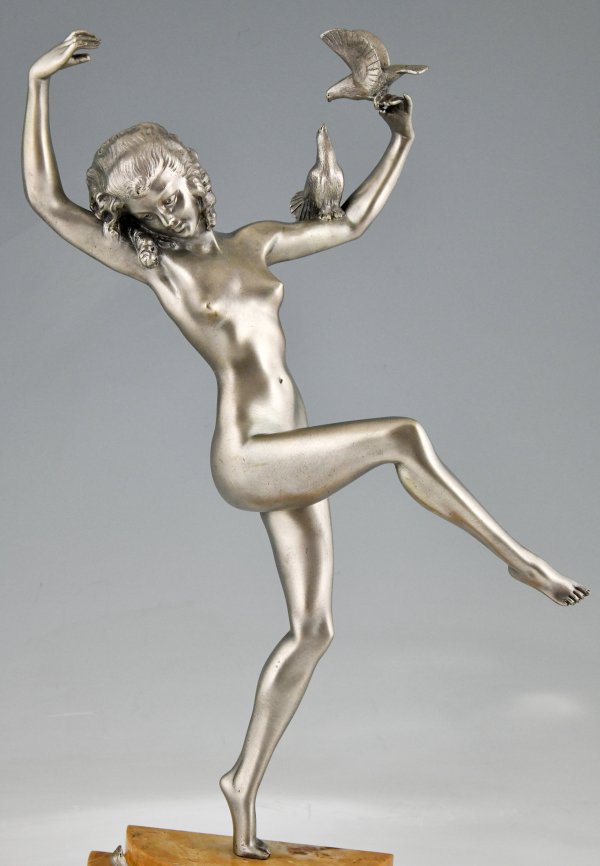 Art Deco bronze sculpture of dancing nude with birds.