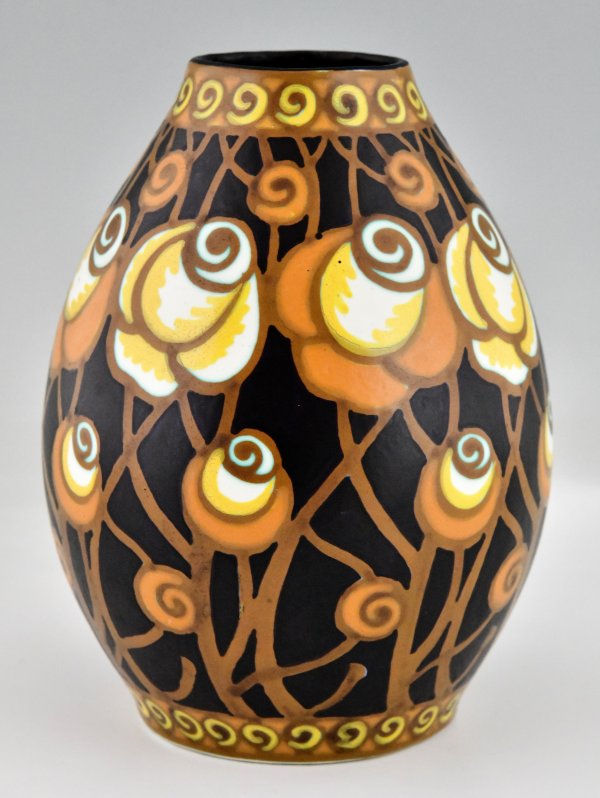 Art Deco ceramic vase with stylized flowers