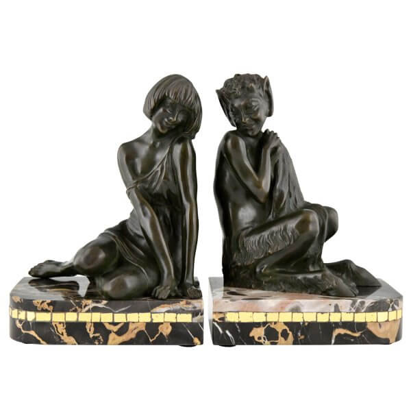 Art Deco bronze bookends nymph and faun