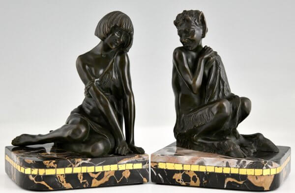 Art Deco faun and nymph bookends Le Faguays -