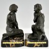 Art Deco bronzen boekensteunen sater faun en nimf