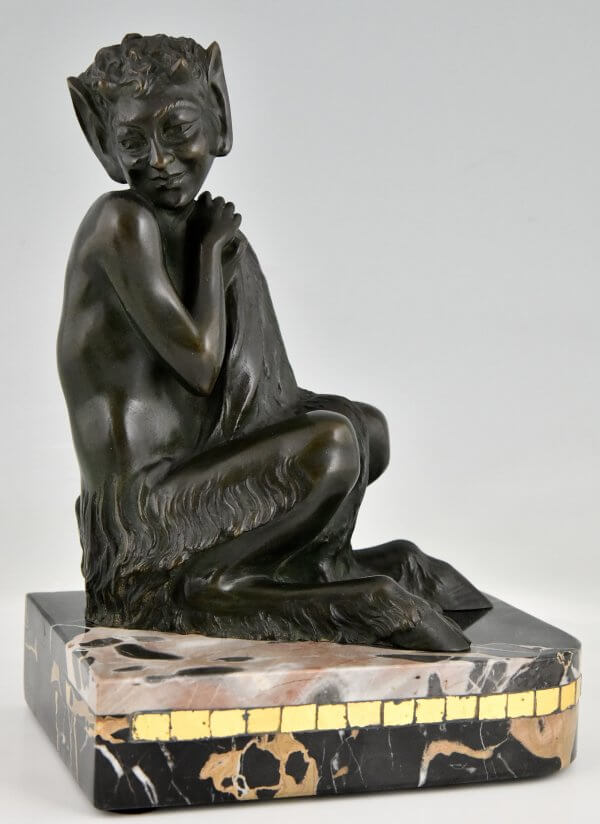 Art Deco bronzen boekensteunen sater faun en nimf