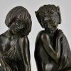 Art Deco bronzen boekensteunen sater faun en nimf