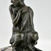 Art Deco bronzen boekensteunen sater faun en nimf